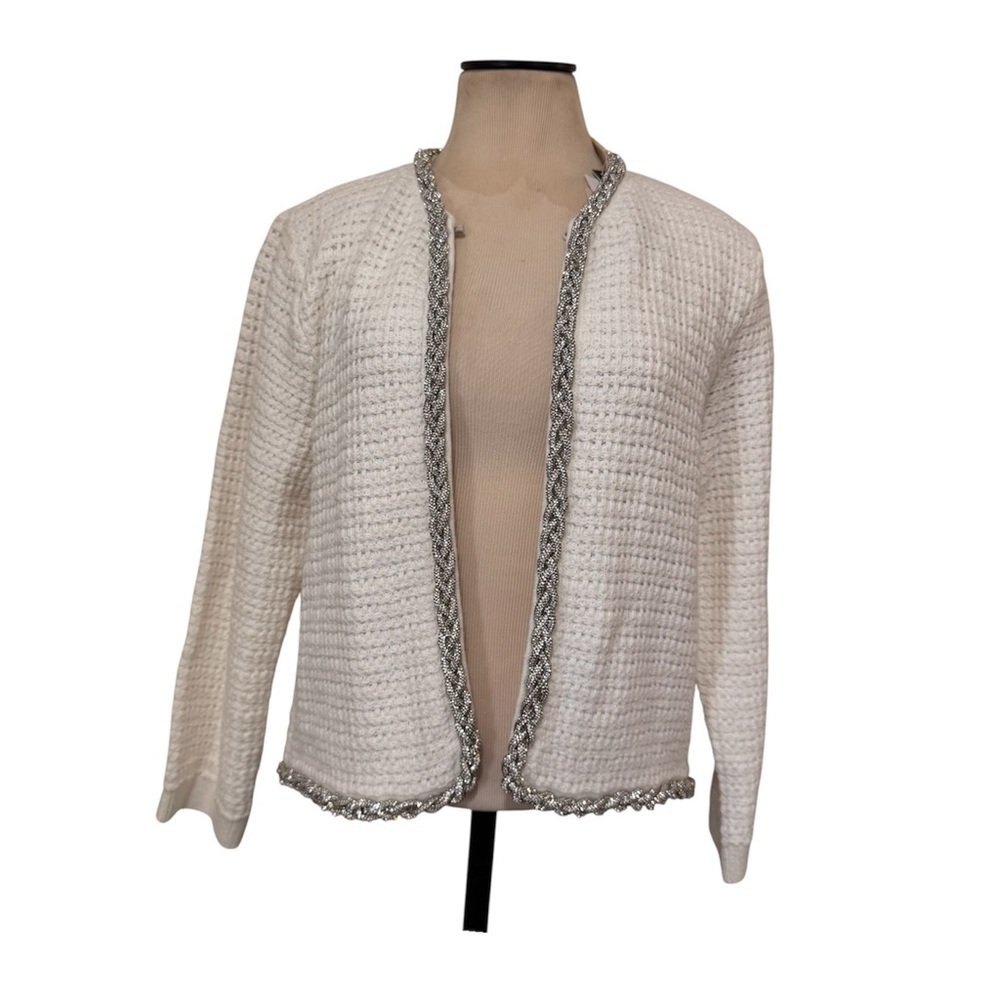 Elie Tahari Ivory textured knit open front cardigan w/silver Embellished Trim L